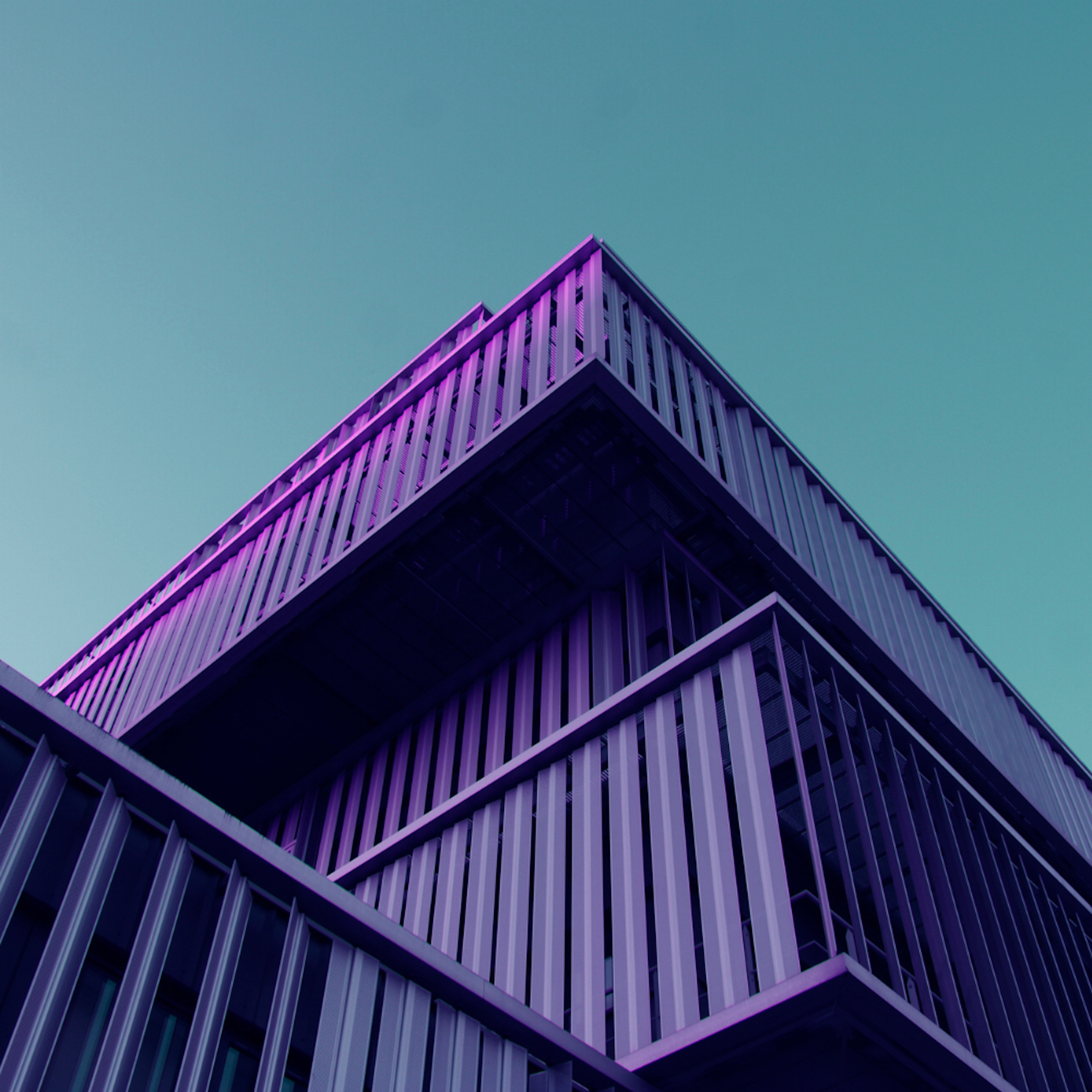 A purple shaded building against a green-white gradient background